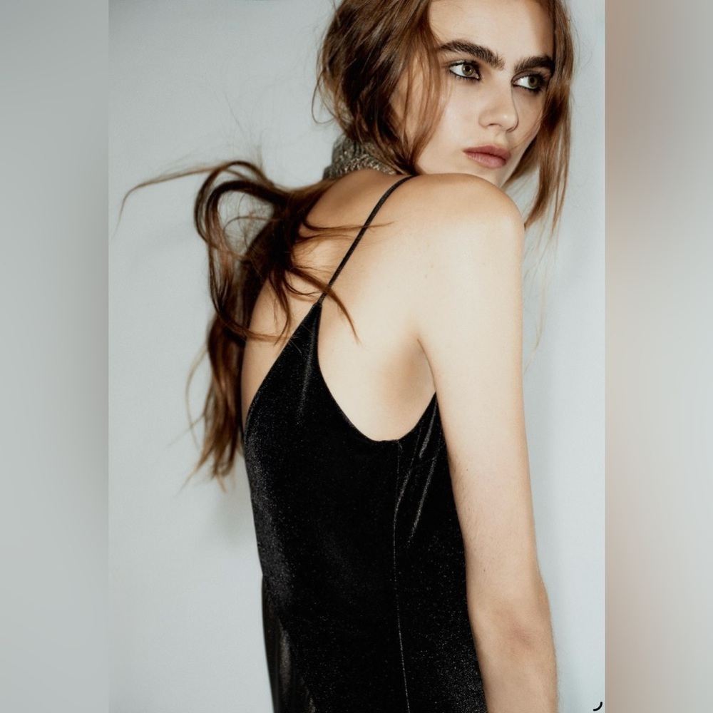 ZARA Black Velvet & Satin Lace Inset Midi Slip Dress - Size M - Picture 12 of 14